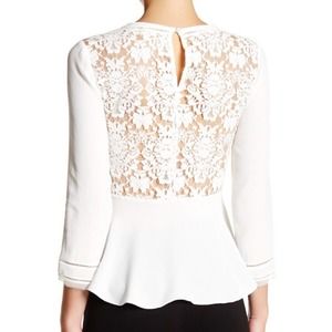 REBECCA TAYLOR Lace Back Silk Cuff Crepe Peplum Blouse Top Ivory White Size 0